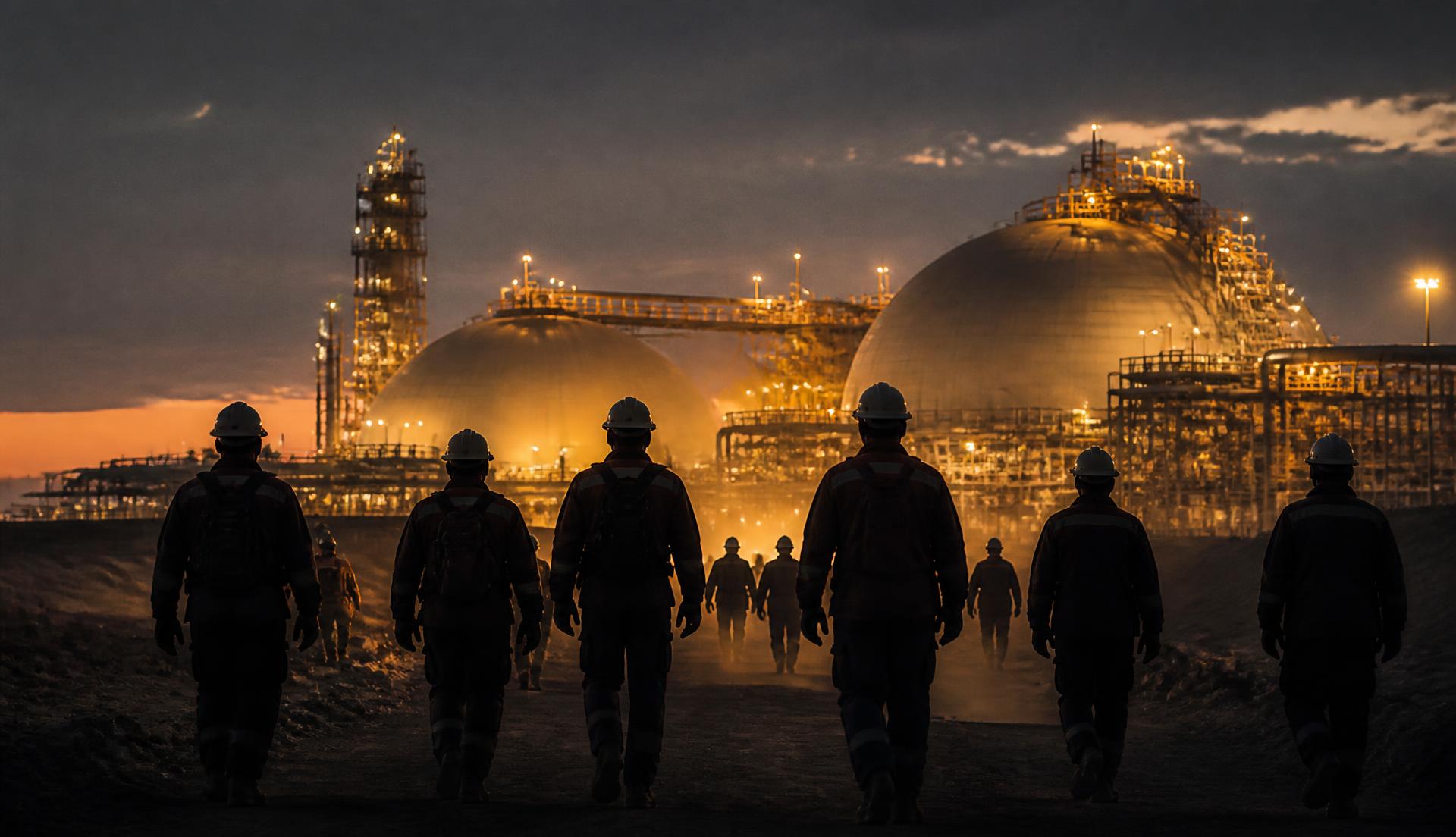Industrial crew walking toward an illuminated LNG facility at twilight
