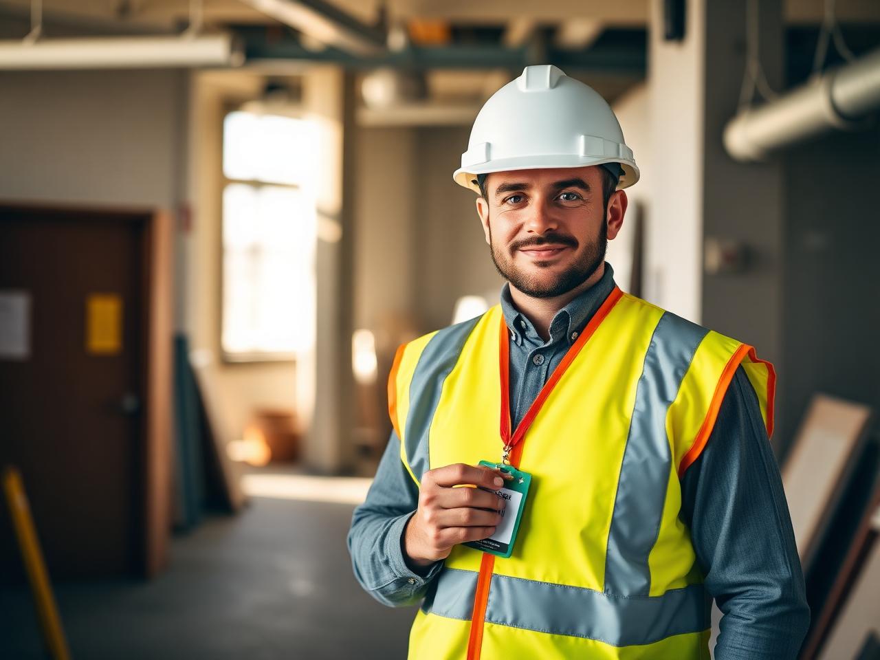 Industrial worker holding a work pass identity badge at a project site