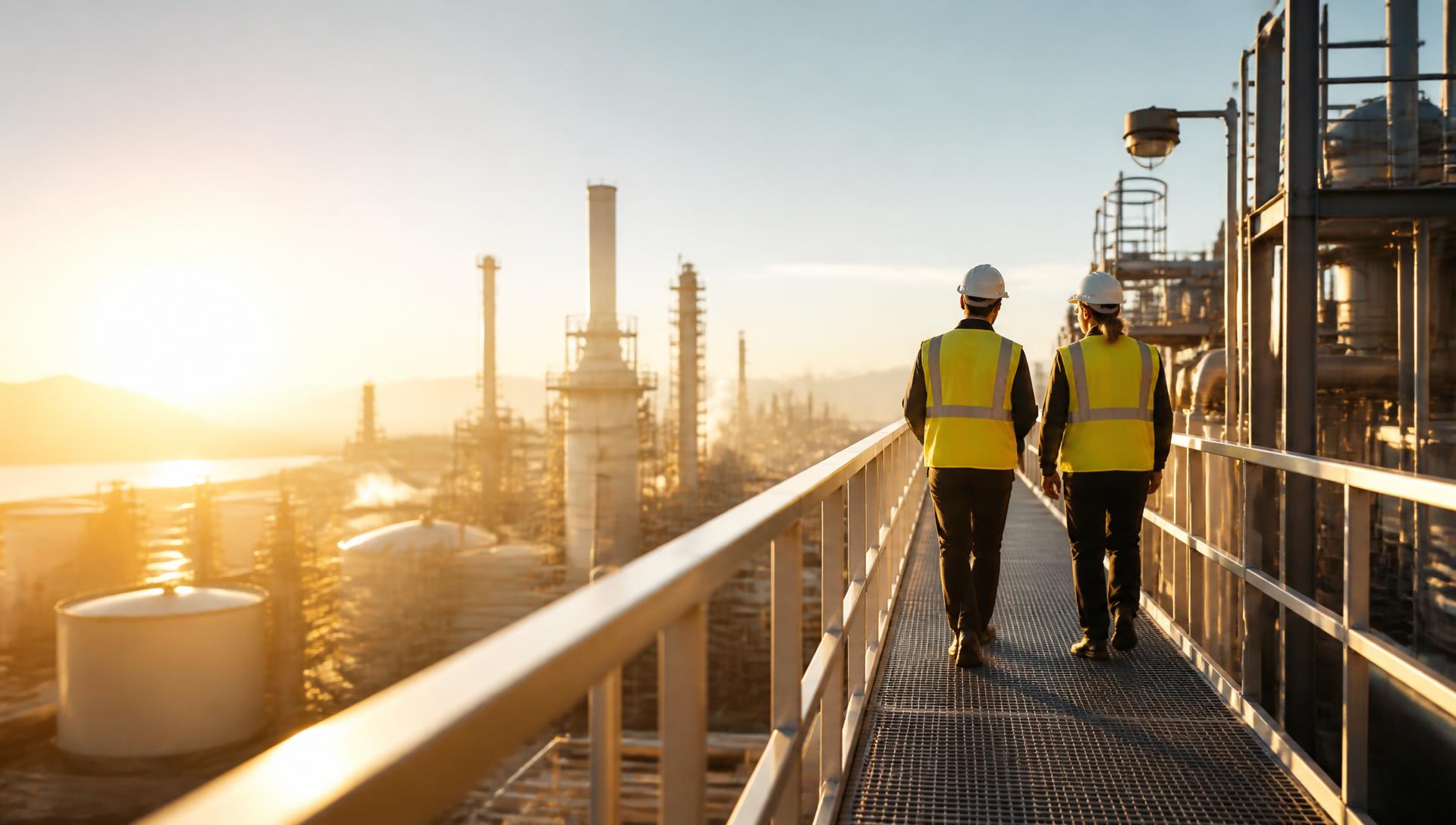 Engineers walking an elevated walkway at a sunlit energy facility